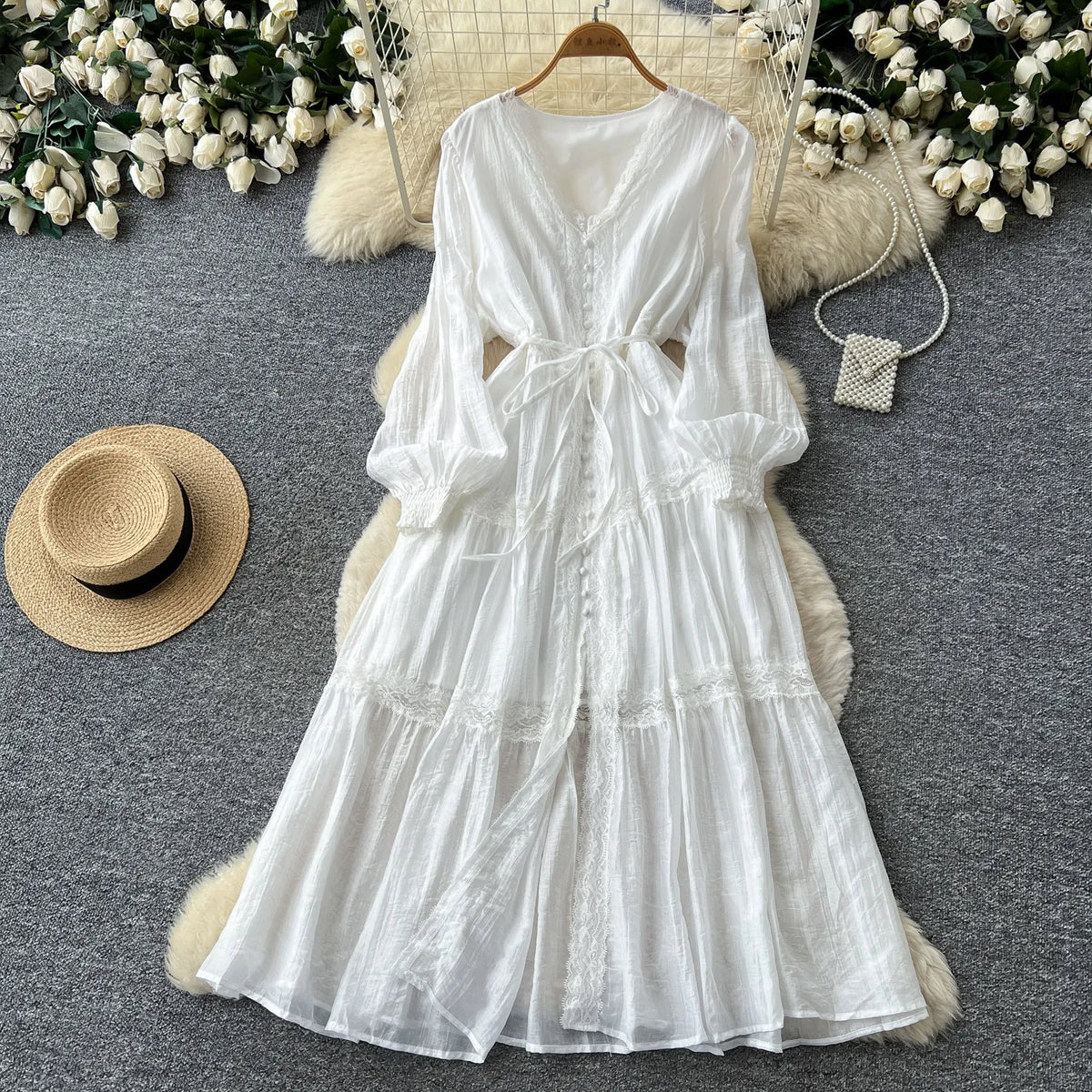 Lace V-Neck High Waist A-Line Dress