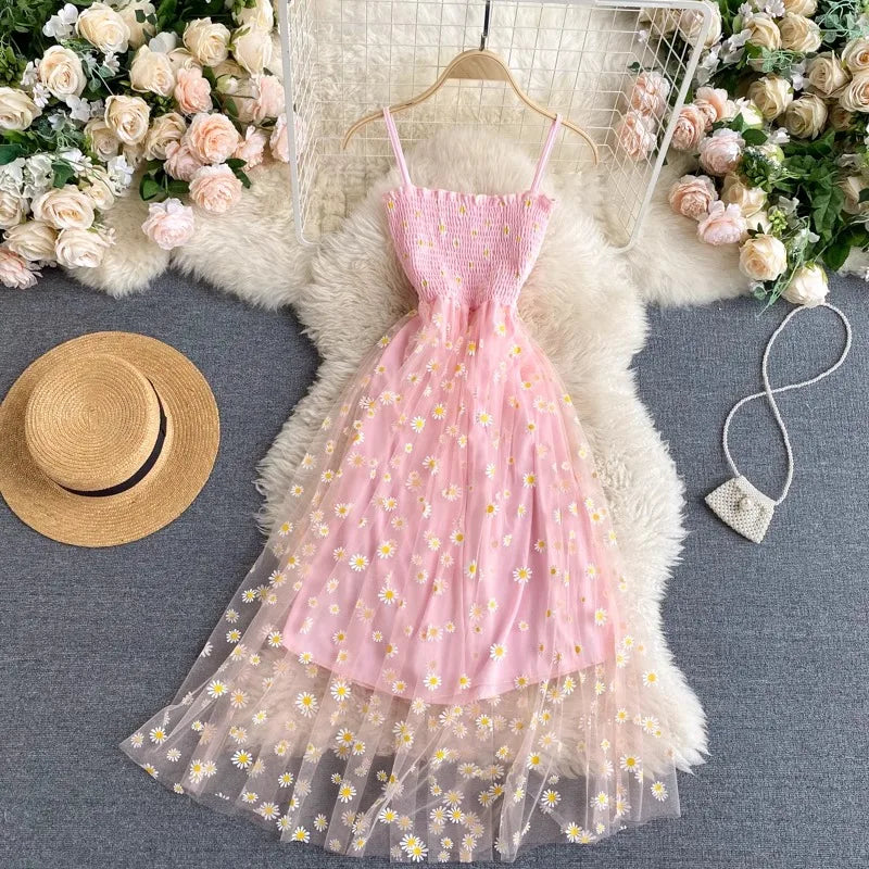 Floral Mesh Spaghetti Strap Party Dress