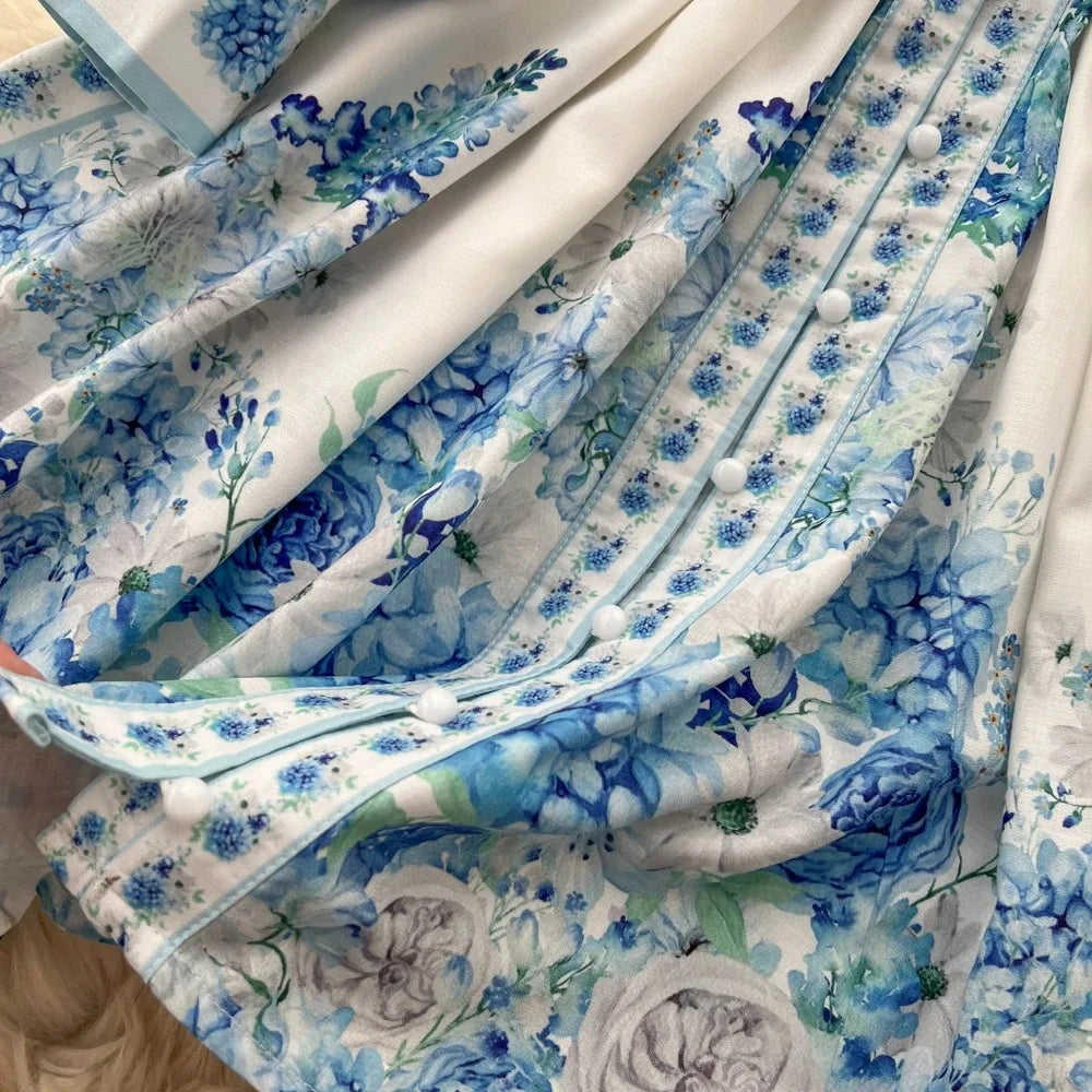 Vintage Print Button Front A-Line Dress