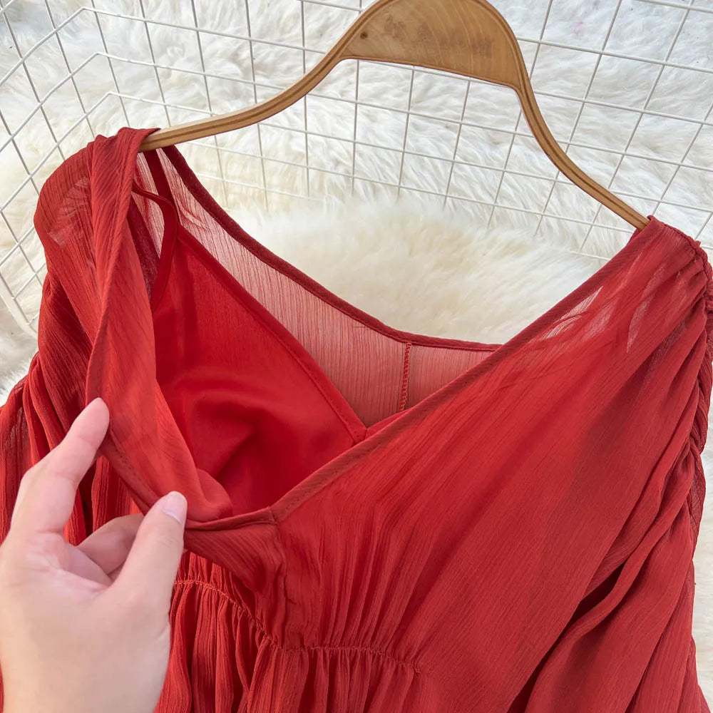 Ruched Chiffon V-Neck Boho Maxi Dress