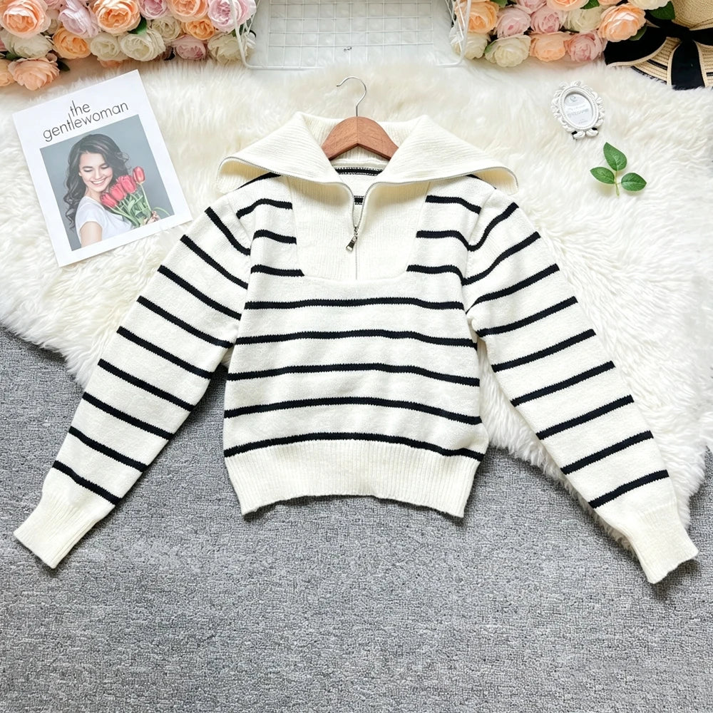 Striped Half Zip Knit Hoodie Sweater