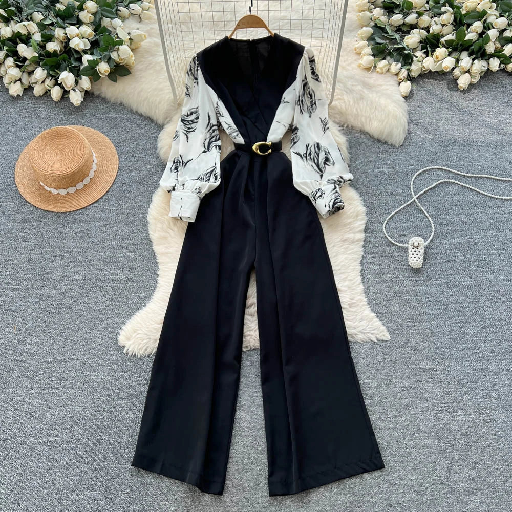 Print V-Neck Belted Wide Leg Jumpsuit