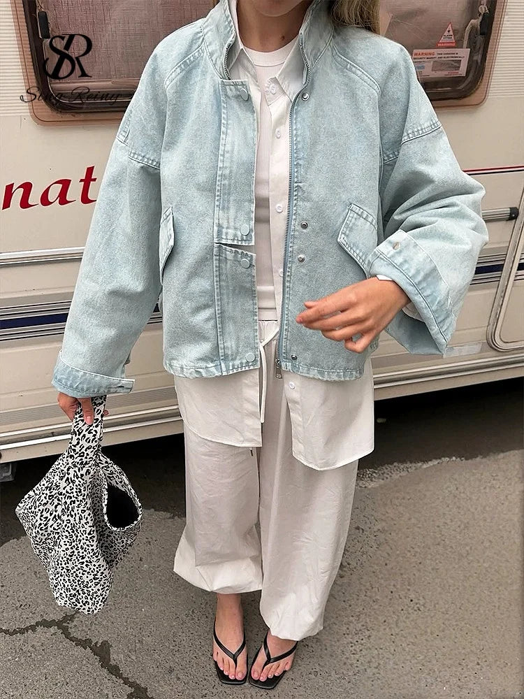 Oversized Stand Collar Denim Jacket