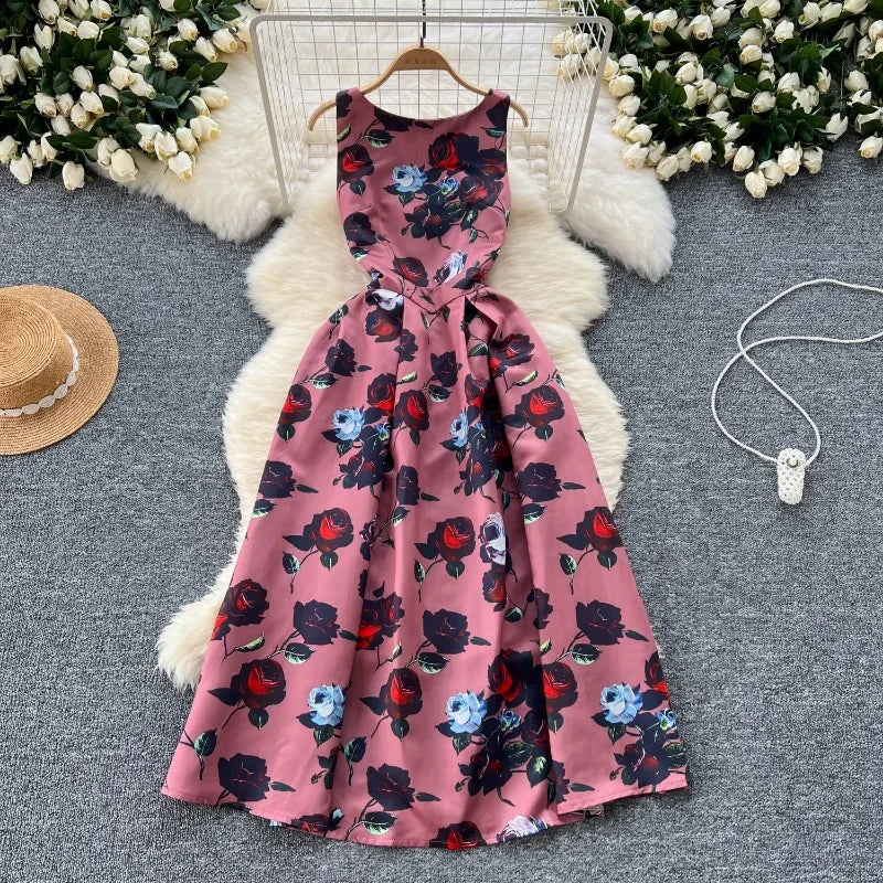Print Pleated Sleeveless Ball Gown