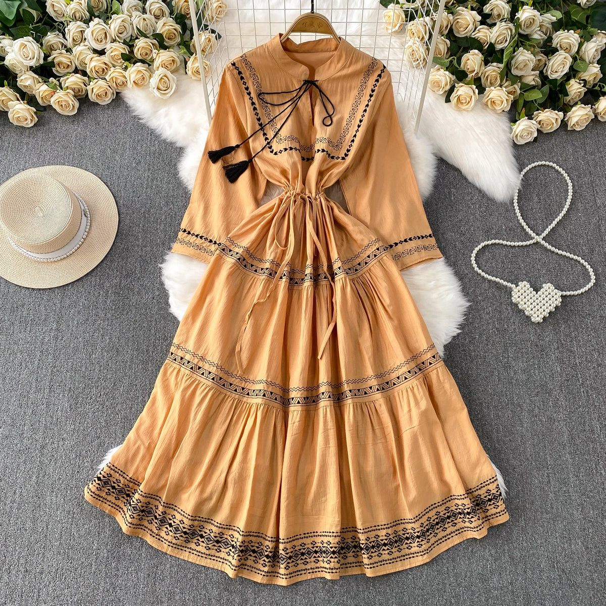 Embroidered Lace-Up A-Line Beach Dress