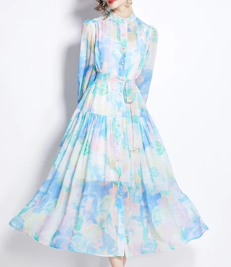 Print Chiffon Lantern Sleeve Shirt Dress
