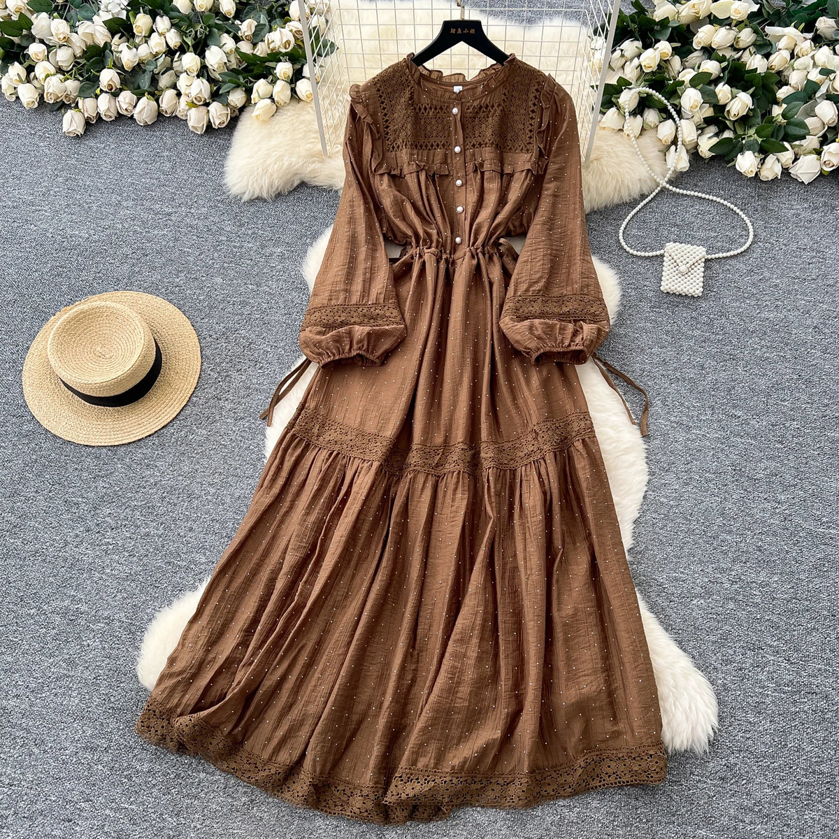 Rhinestone Button Cutout Long Dress