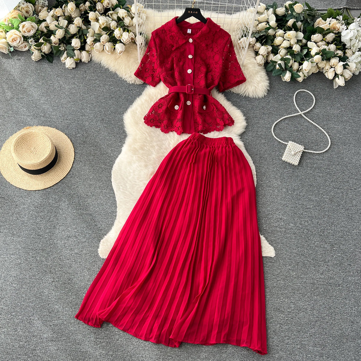 Lapel Shirt and Pleated Skirt Set