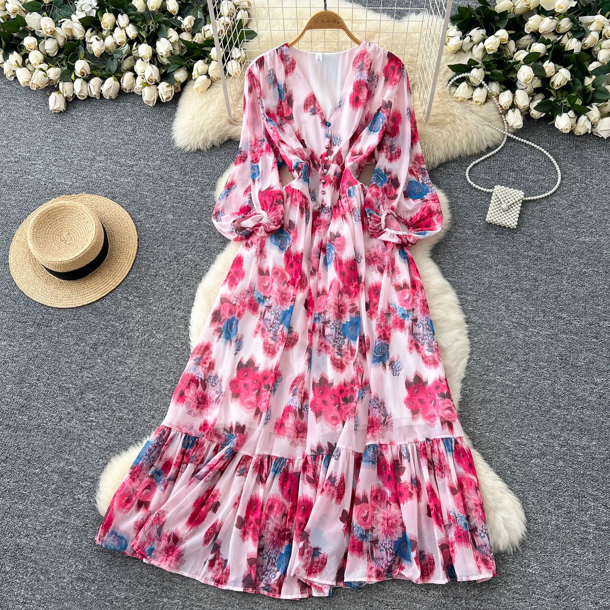 Ruffle Print Long Sleeve Maxi Dress