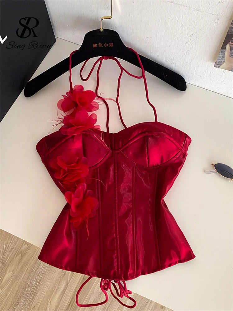 Red Satin 3D Floral Corset Top