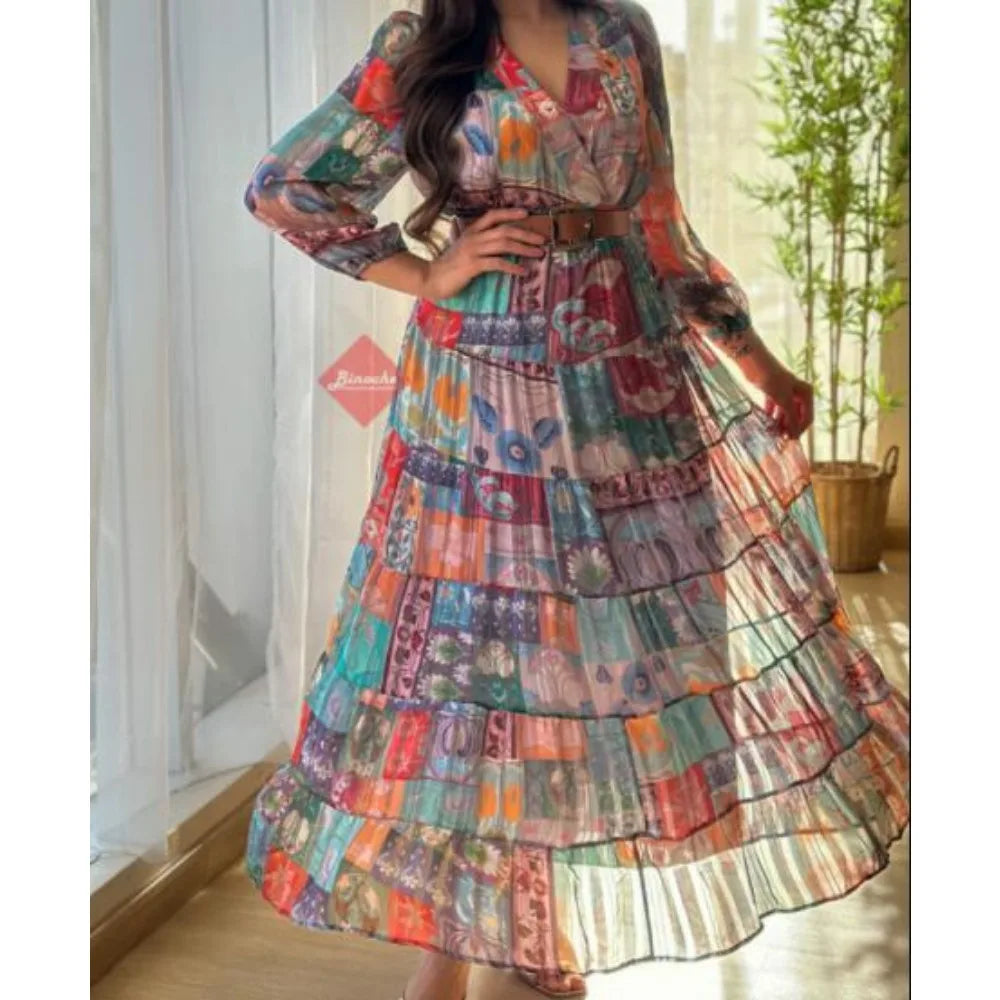 Chiffon Print Lantern Sleeve Ruffle A-Line Dress