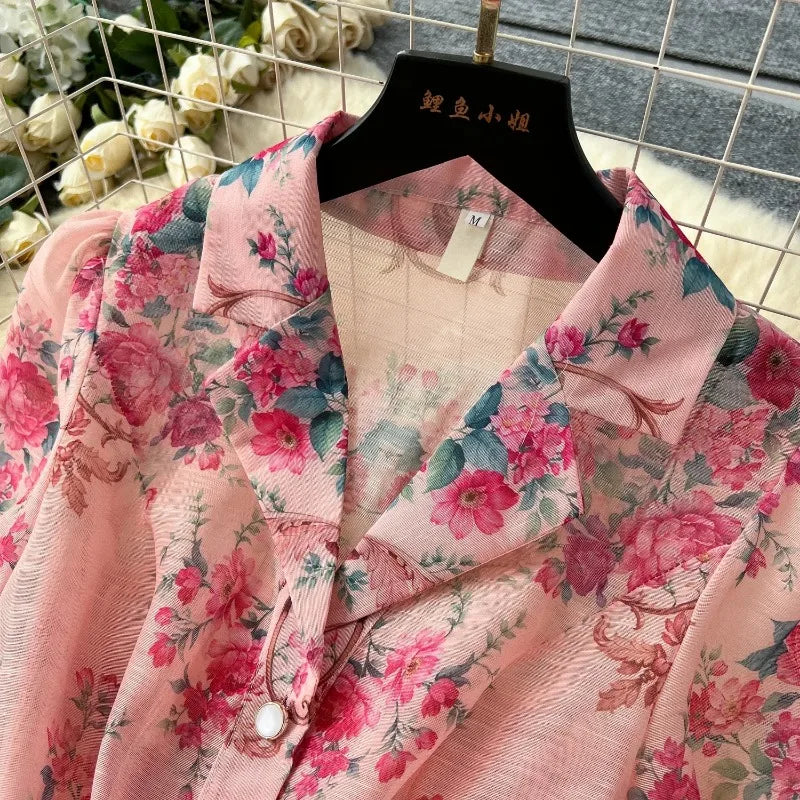 Vintage Print Notched Neck Sash Dress