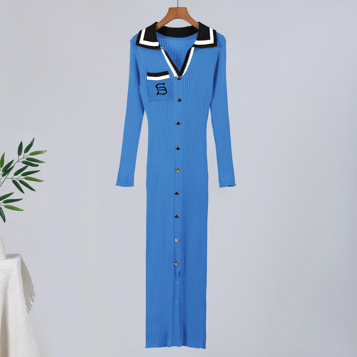 Embroidered Knit Bodycon Maxi Sweater Dress