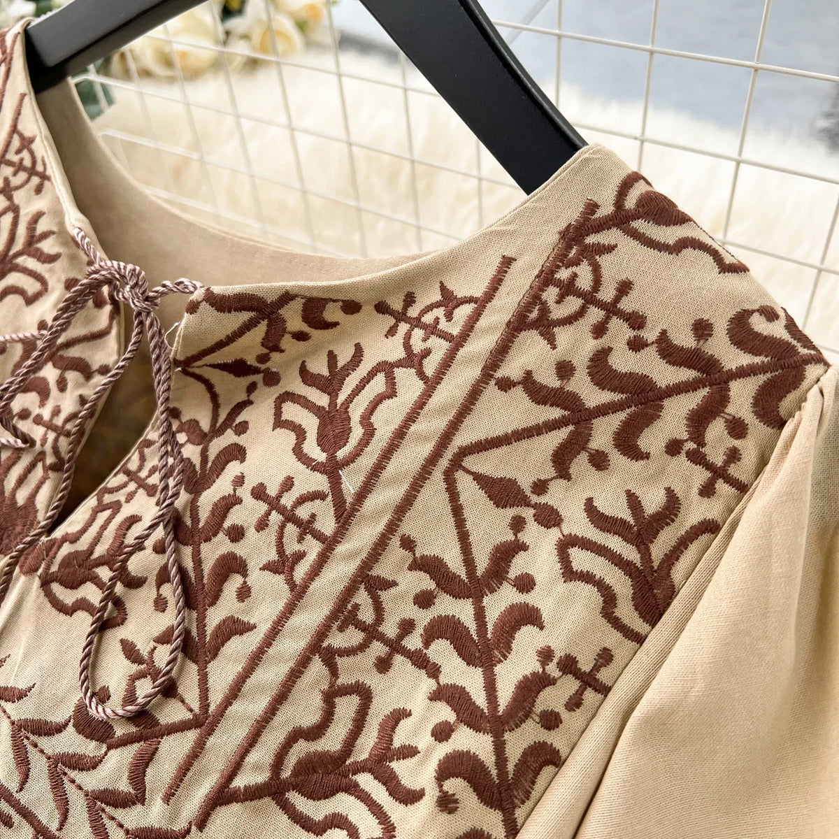 Embroidered Tassel Short Sleeve Dress