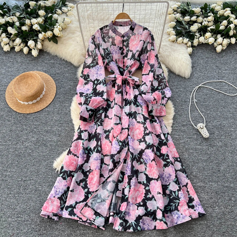 Split Print Pleated Long Sleeve Dress