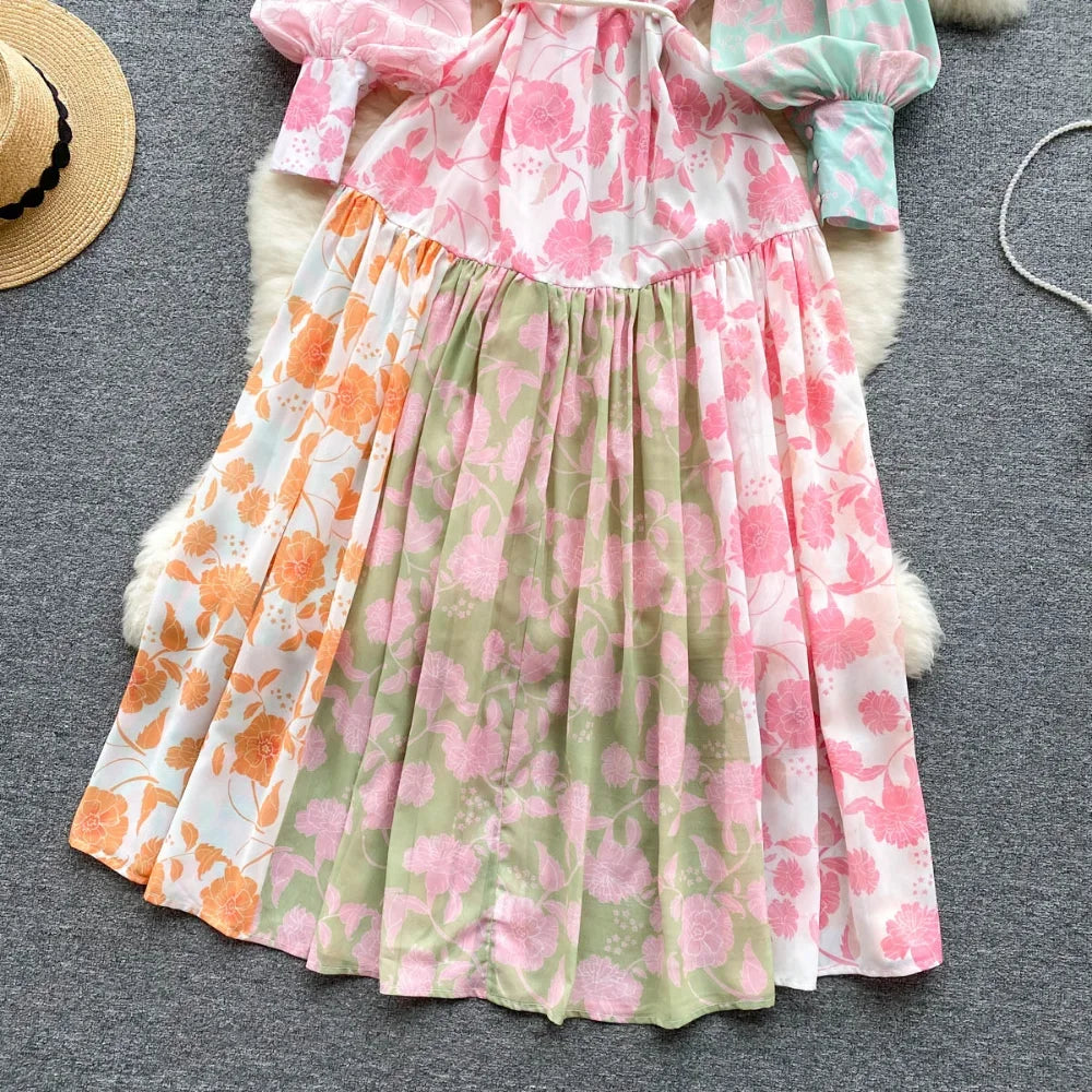 Print Pleated Lantern Sleeve A-Line Dress