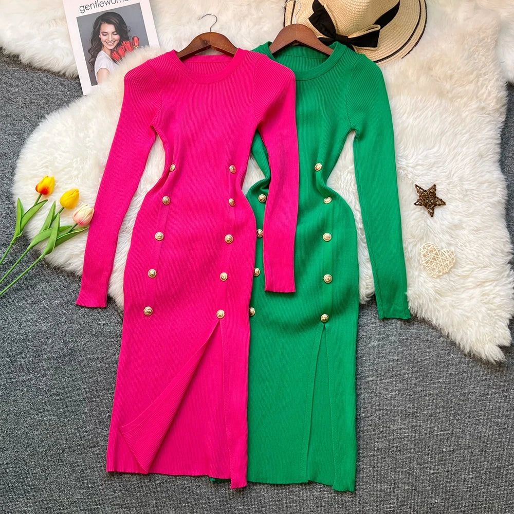 Double-Breasted Split Knit Wrap Dress