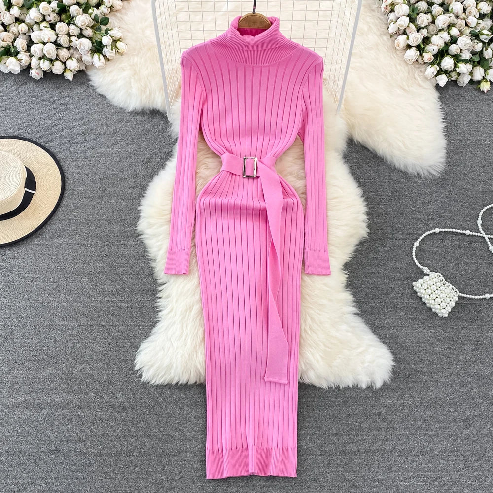 Belted Ribbed Turtleneck Knit Maxi Dress