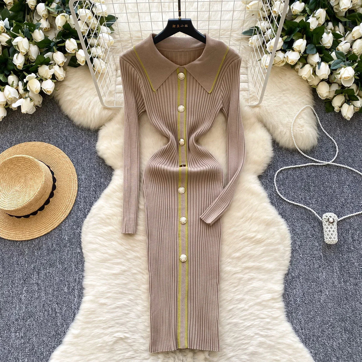 Striped Knit Collared Bodycon Pencil Dress