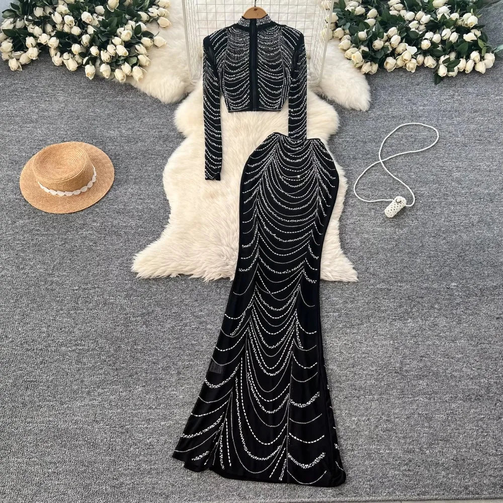 Rhinestone Mesh Crop Top and Skirt Set