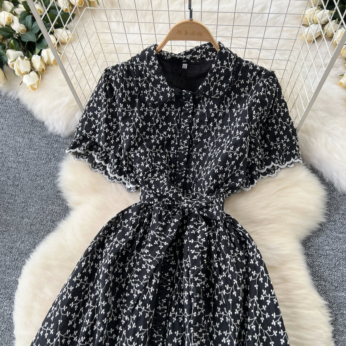 Embroidered Polo Collar Puff Sleeve Dress