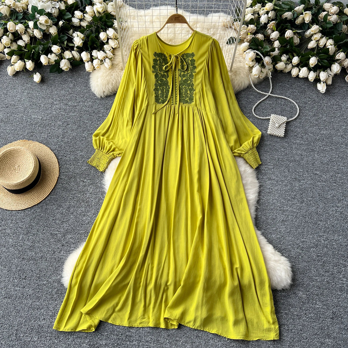 Embroidered Lace-Up Lantern Sleeve A-Line Dress
