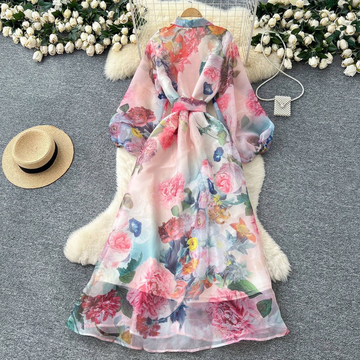 Print Puff Sleeve 3D Flower Dress