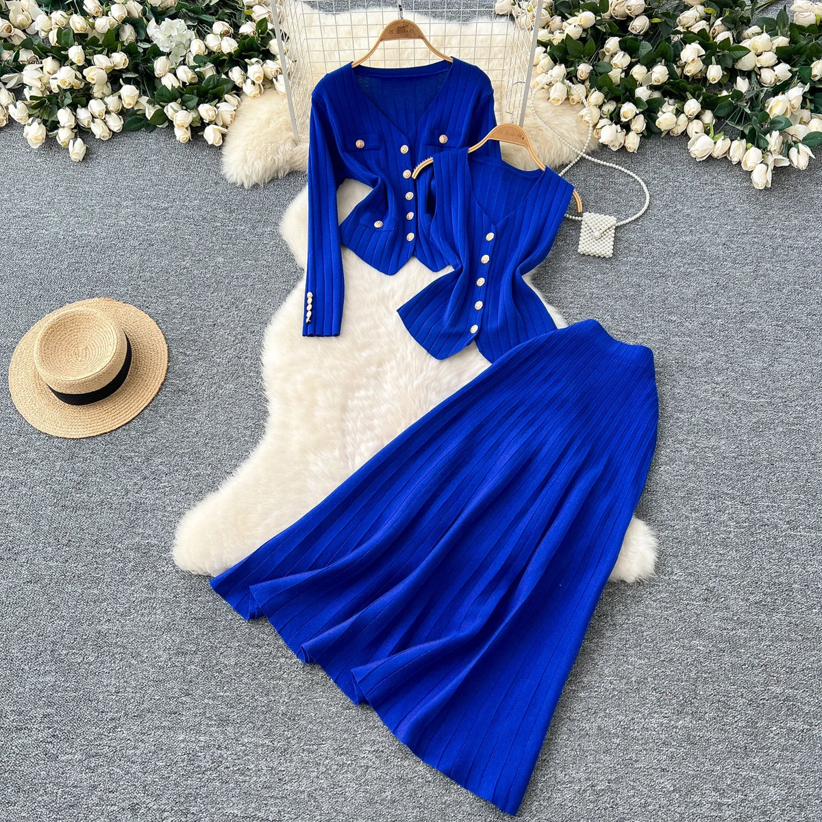 Knit Vest Cardigan and Skirt Three Piece Set