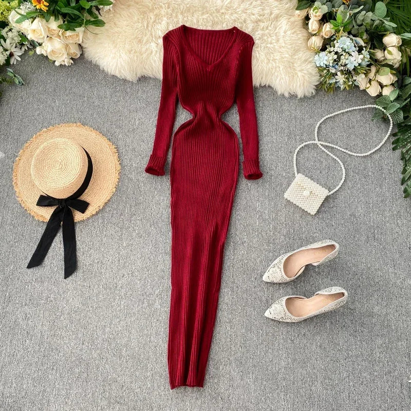 V-Neck Knit A-Line Sweater Dress