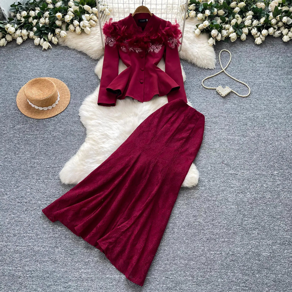 Beaded Feather Lace Jacket and Skirt Set