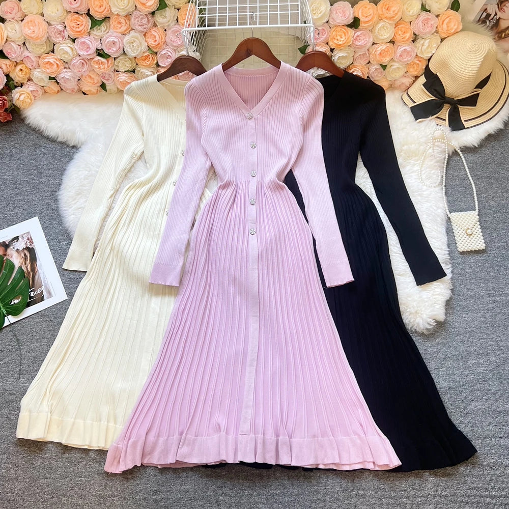 Pleated V-Neck Knit Maxi Sweater Dress