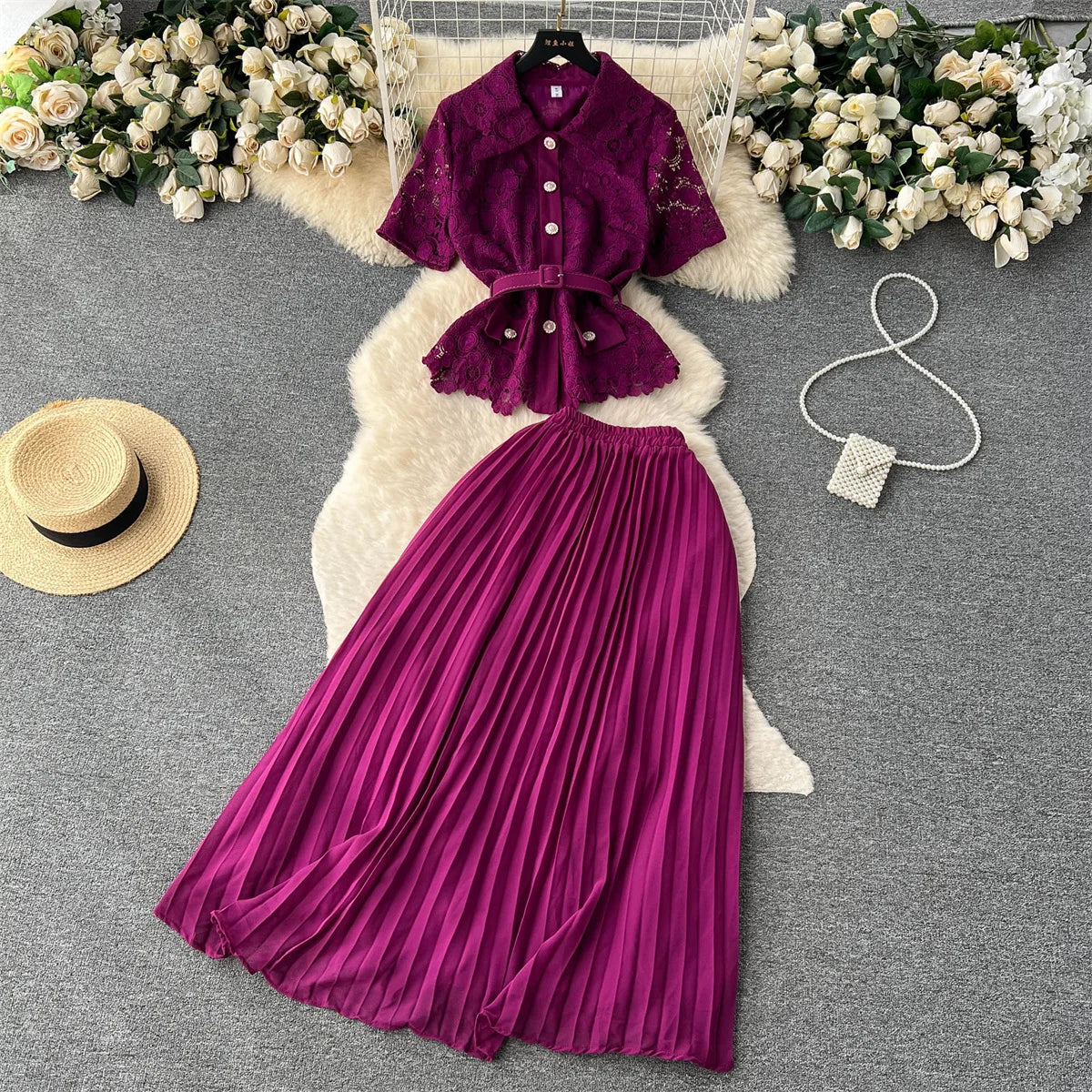 Lapel Shirt and Pleated Skirt Set