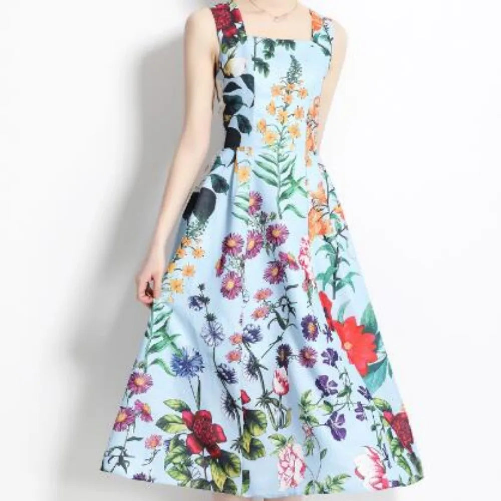 Vintage Print Square Neck A-Line Dress