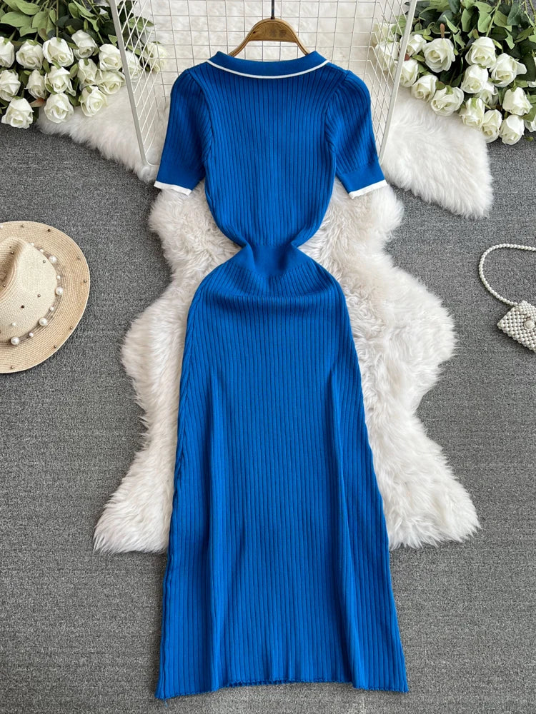 Striped Knit Collared Sleeveless Bodycon Dress
