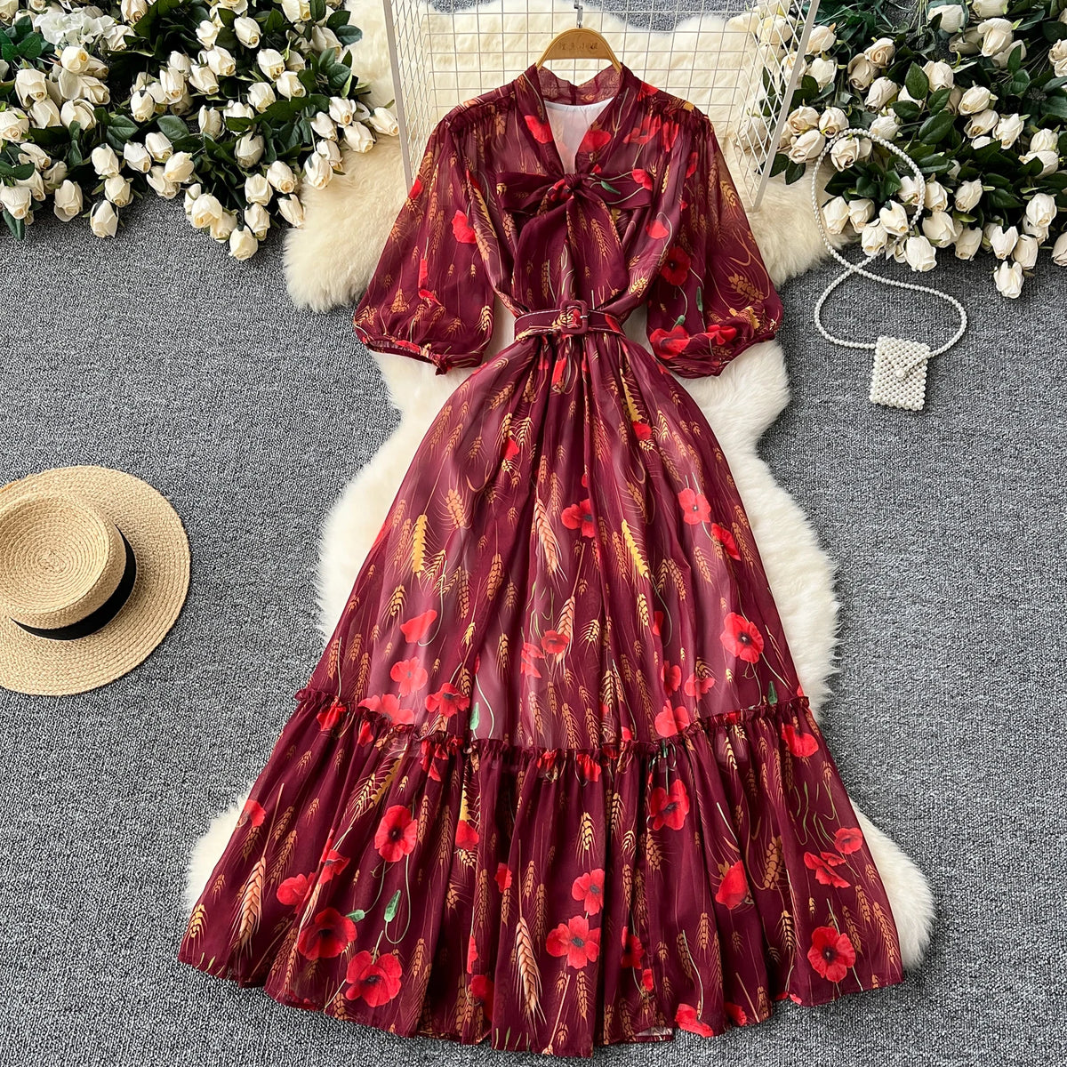 Vintage Print Bow Puff Sleeve Ruffle Dress