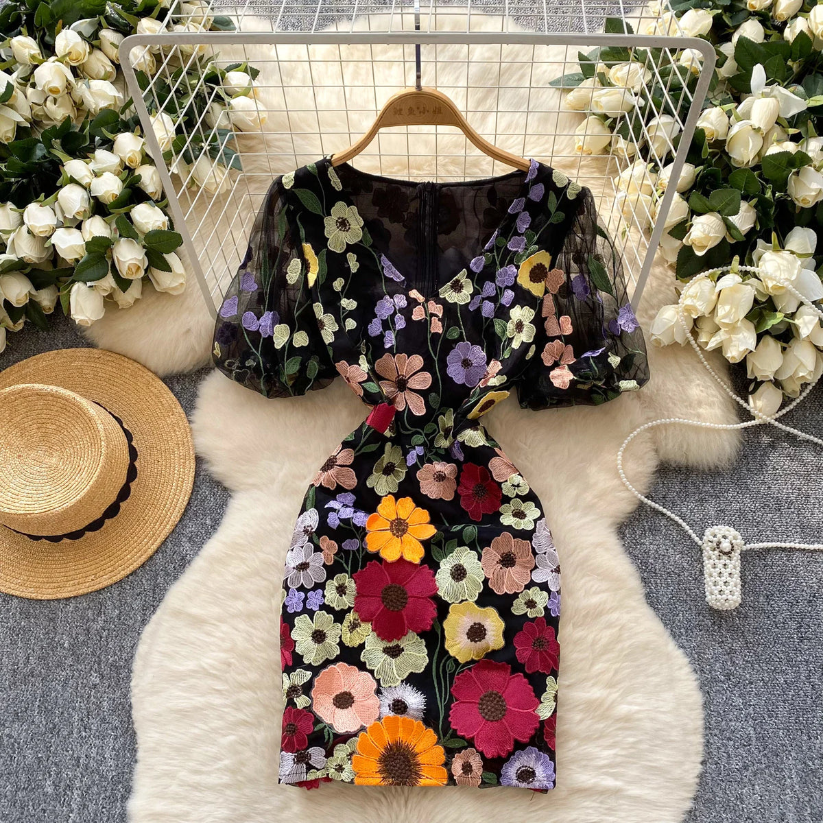 Embroidered Mesh Puff Sleeve A-Line Dress