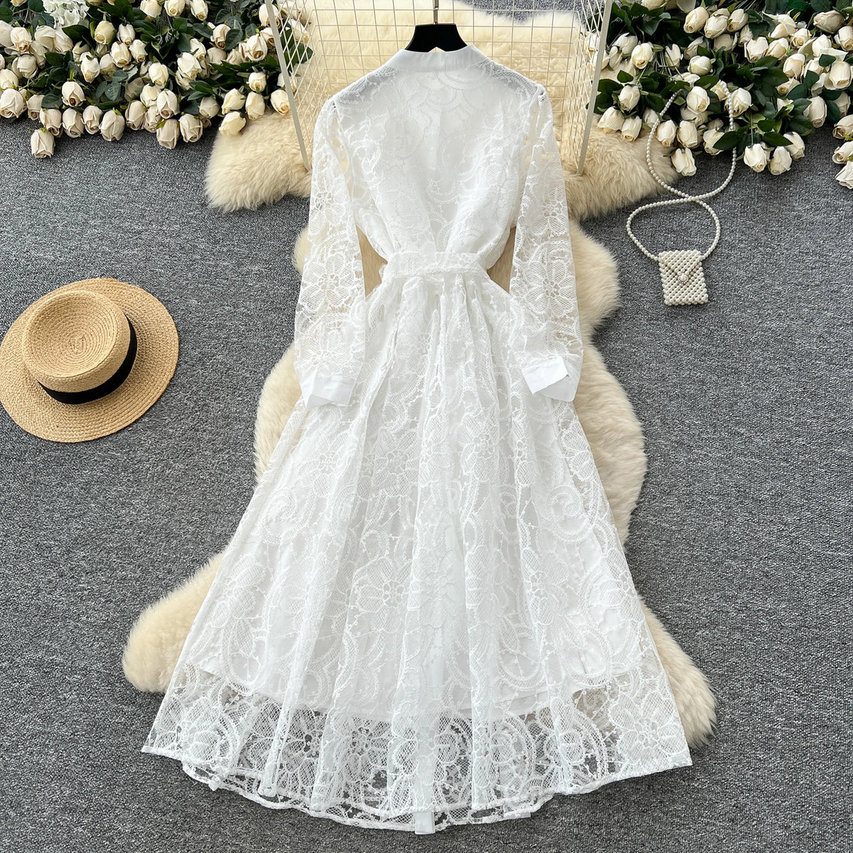 Embroidered Mesh Button Slim Dress