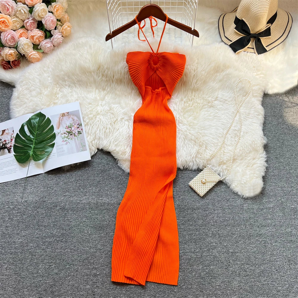 Halter Split Knit Maxi Beach Dress
