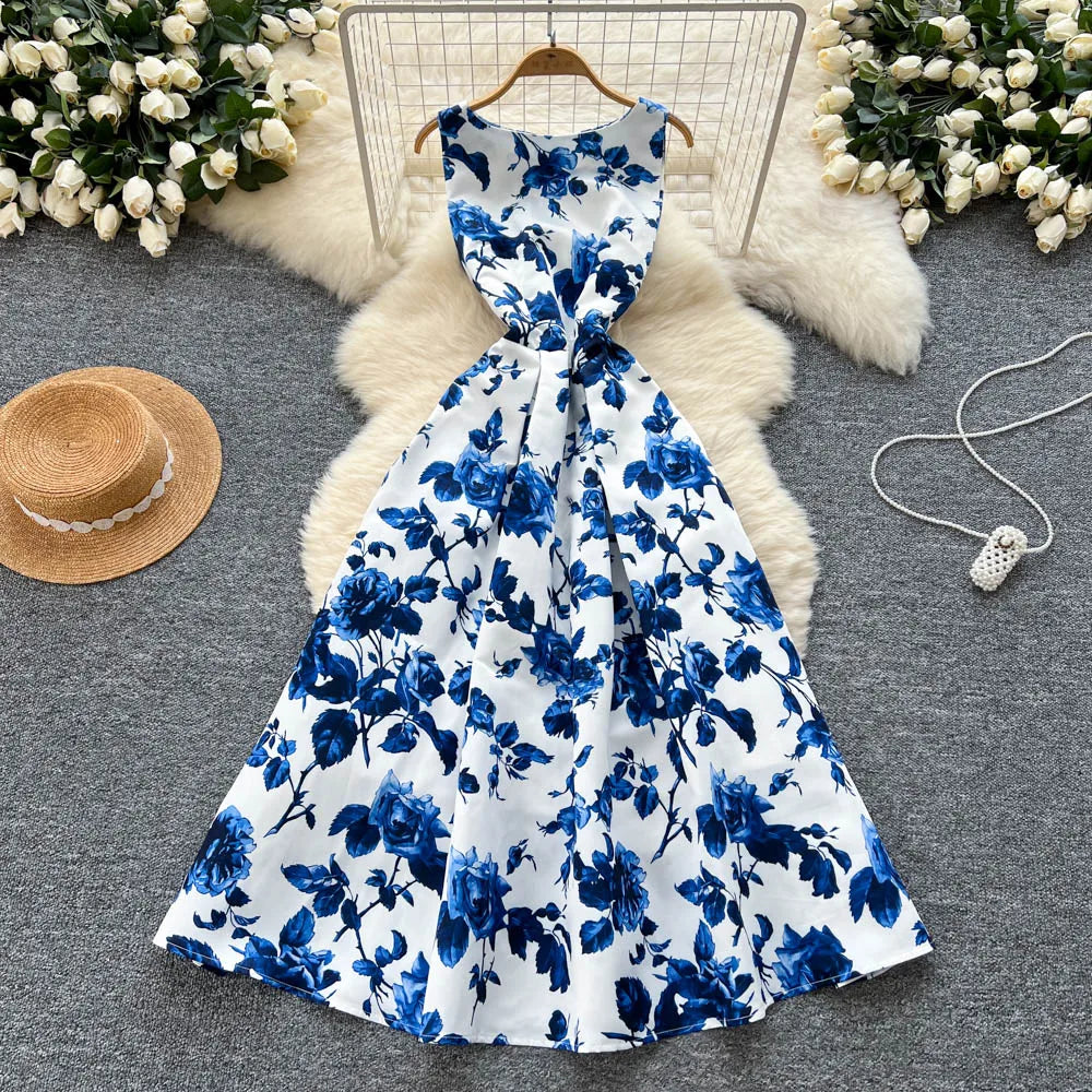 Pleated Print Sleeveless Maxi Dress