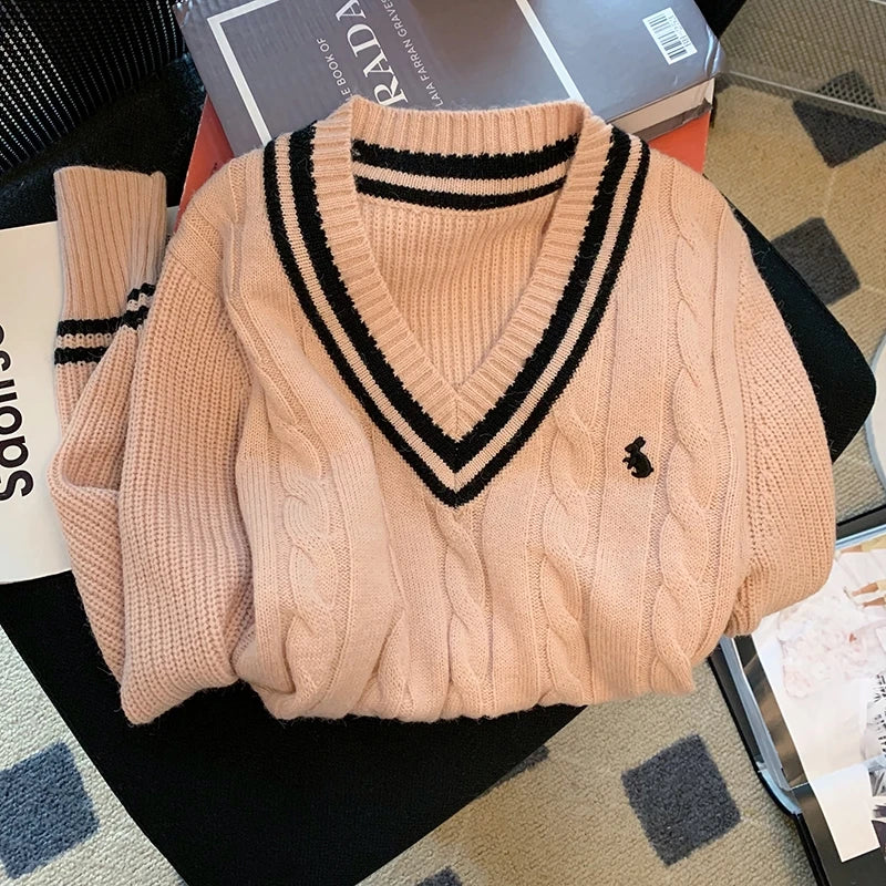 Cartoon Embroidered V-Neck Knit Sweater