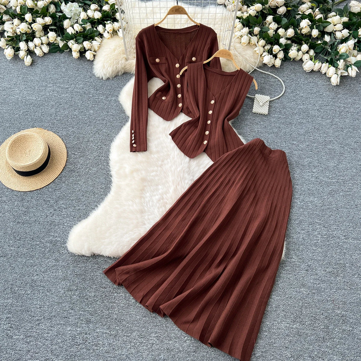Knit Vest Cardigan and Skirt Three Piece Set