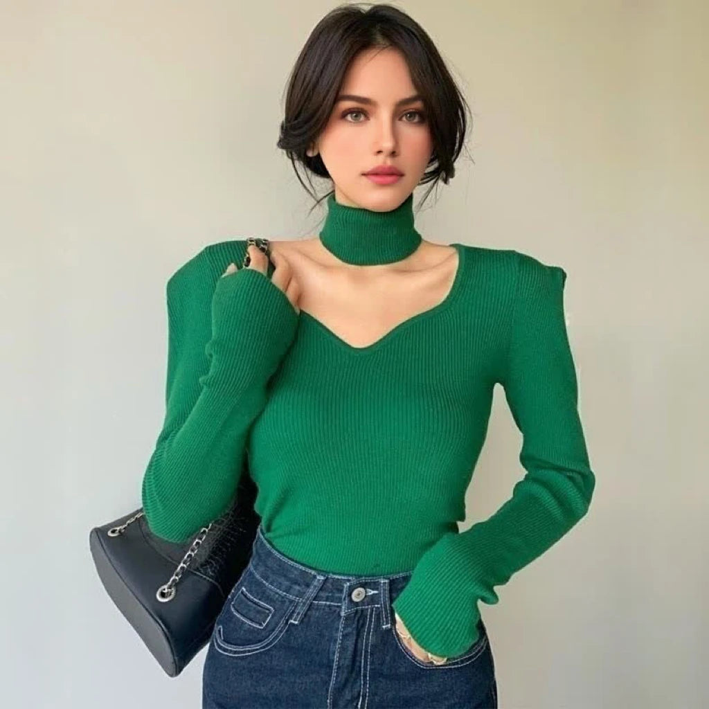Long Sleeve Knit Sweater With Neck Scarf