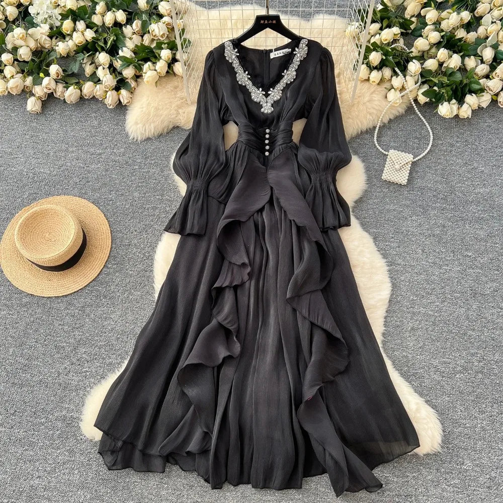 Lace Rhinestone Ruffle V-Neck A-Line Dress