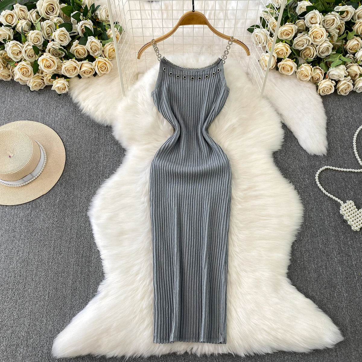 Chain Strap Off-Shoulder Knit Dress