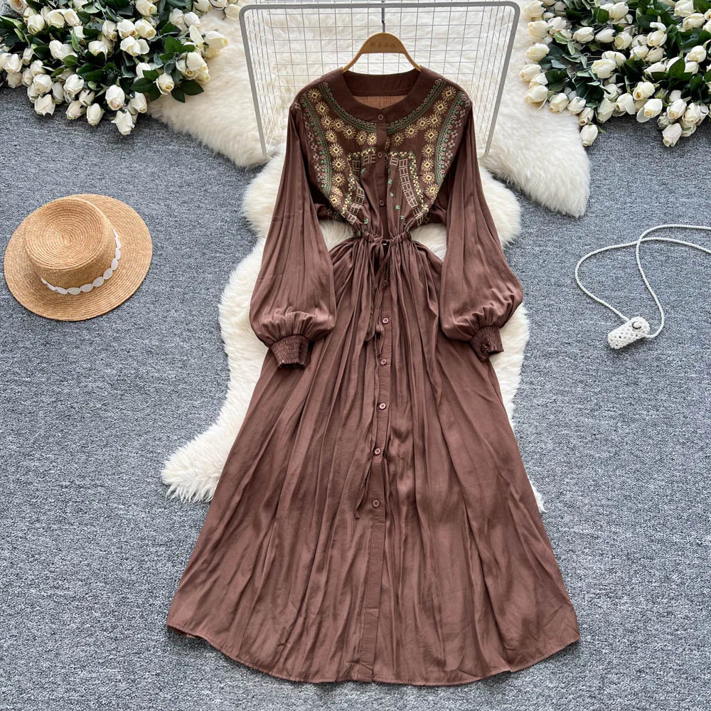 Embroidered Print Lace-Up Maxi Dress