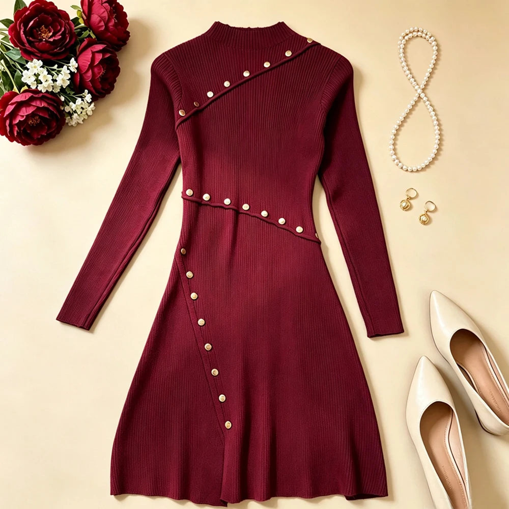 Black Long Sleeve A-Line Knit Mini Dress
