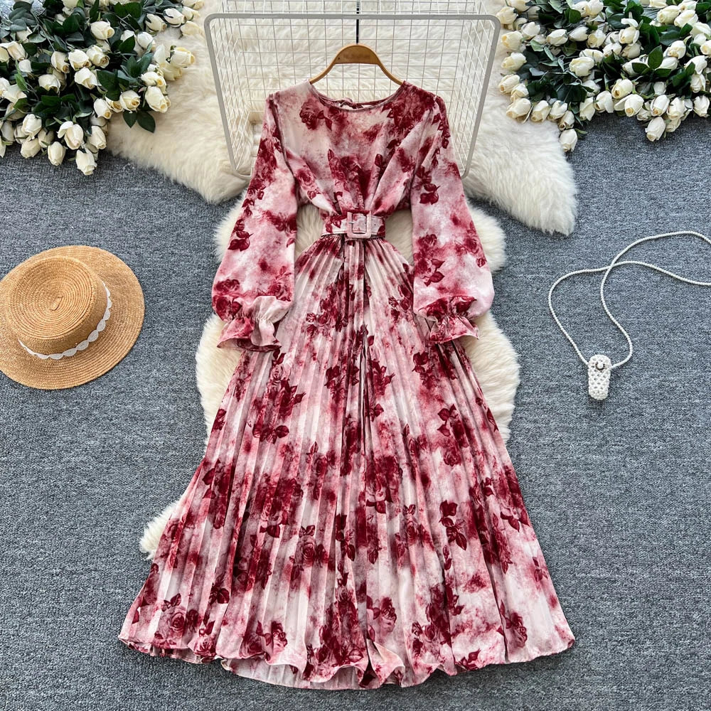 Belted Crew Neck Long Sleeve Dress