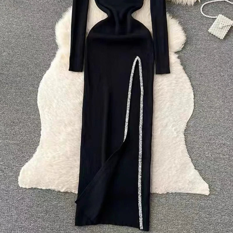 Black Rhinestone High Slit Knit Maxi Dress