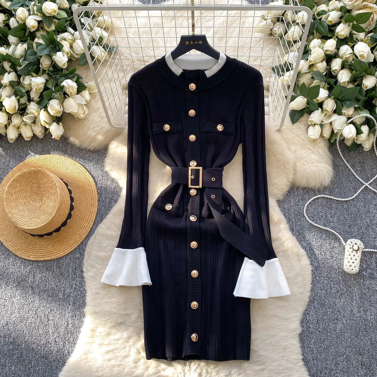 Belted Knit Bodycon Mini Dress