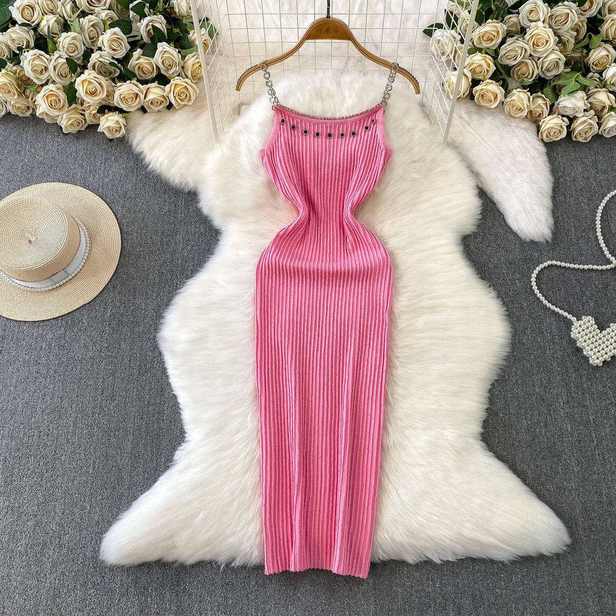 Chain Strap Off-Shoulder Knit Dress
